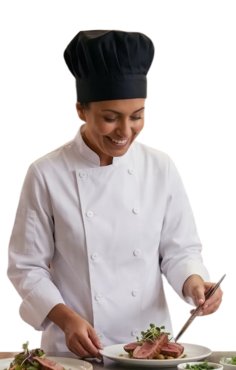 Profissional de gastronomia usando uniforme branco e toque preto na cozinha