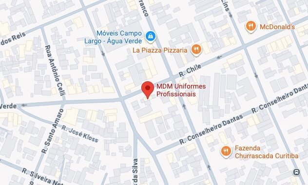 Mapa da localização da MDM Uniformes na Avenida Água Verde, 43, em Curitiba